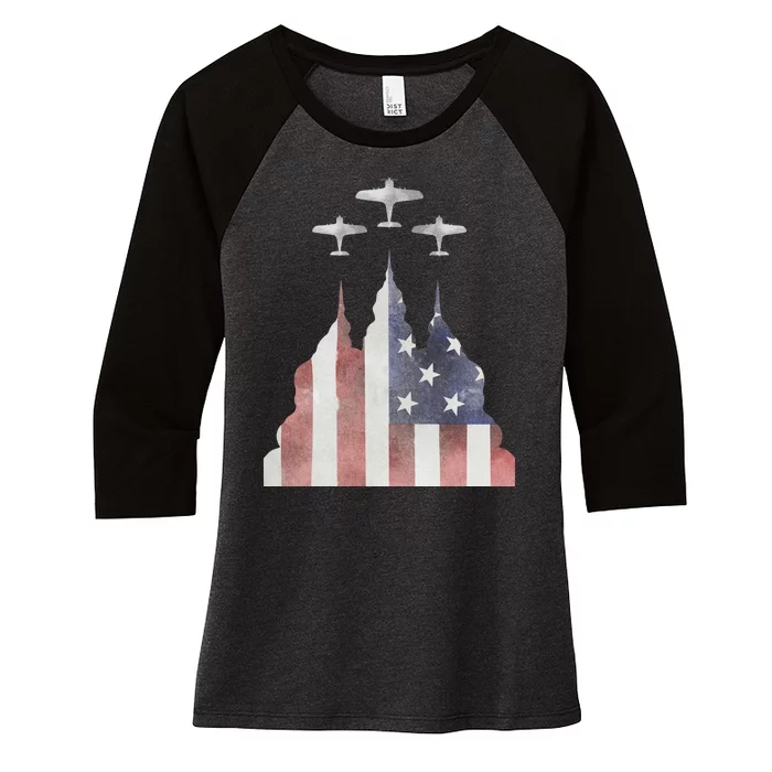 America Plane Patriotic Women's Tri-Blend 3/4-Sleeve Raglan Shirt