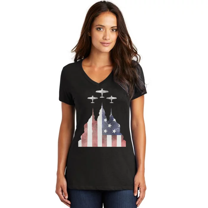 America Plane Patriotic Women's V-Neck T-Shirt