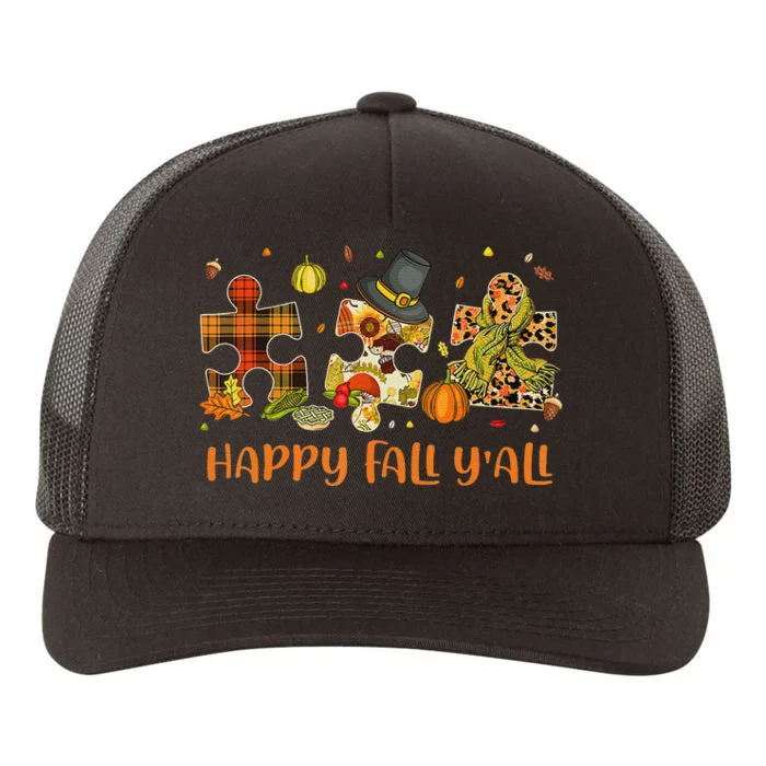 Autism Puzzle Piece Fall Season Autumn Autism Awareness Yupoong Adult 5-Panel Trucker Hat