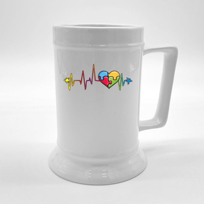 Autism Puzzle Piece Heartbeat Jigsaw Heart Awareness Cute Gift Front & Back Beer Stein