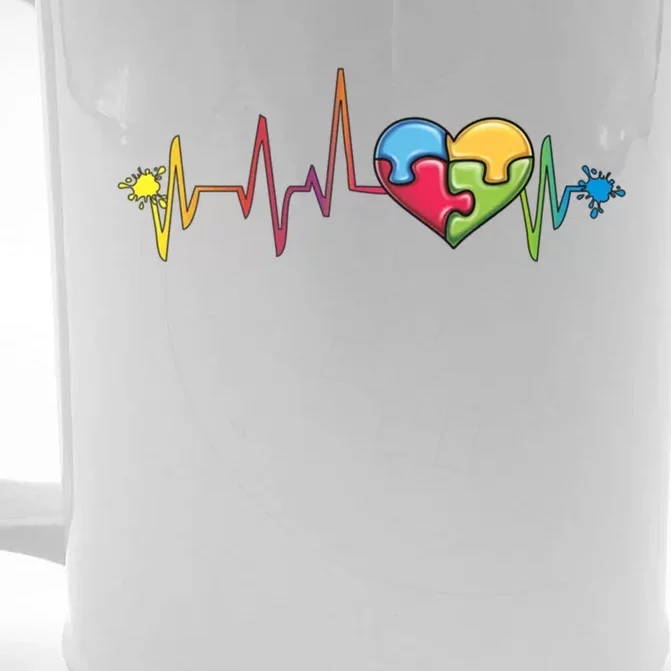 Autism Puzzle Piece Heartbeat Jigsaw Heart Awareness Cute Gift Front & Back Beer Stein