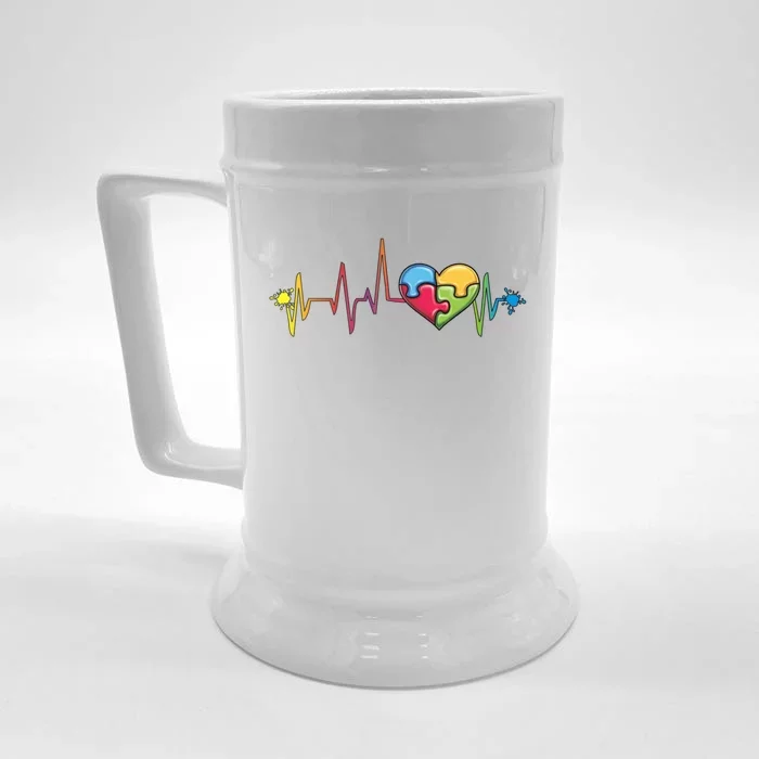 Autism Puzzle Piece Heartbeat Jigsaw Heart Awareness Cute Gift Front & Back Beer Stein