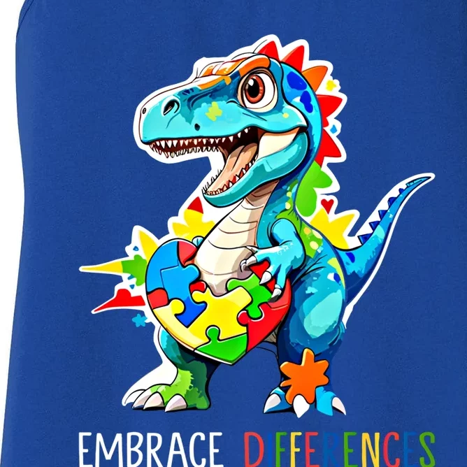 Autism Puzzle Piece Embrace Differences Autism Dinosaur Gift Women's Racerback Tank