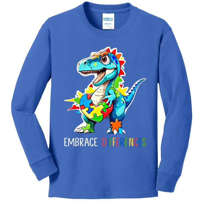 Autism Puzzle Piece Embrace Differences Autism Dinosaur Gift Kids Long Sleeve Shirt