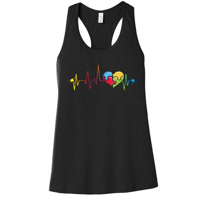 Autism Puzzle Piece Heartbeat Jigsaw Heart Awareness Women's Racerback Tank