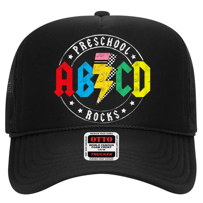 Abcd Preschool Rocks 1st Day Prek Teacher Back To School High Crown Mesh Trucker Hat