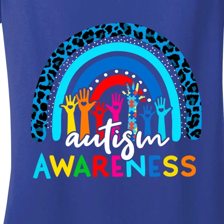 Autistic Puzzle Rainbow Ribbons Acceptance Autism Awareness Gift Women's V-Neck T-Shirt