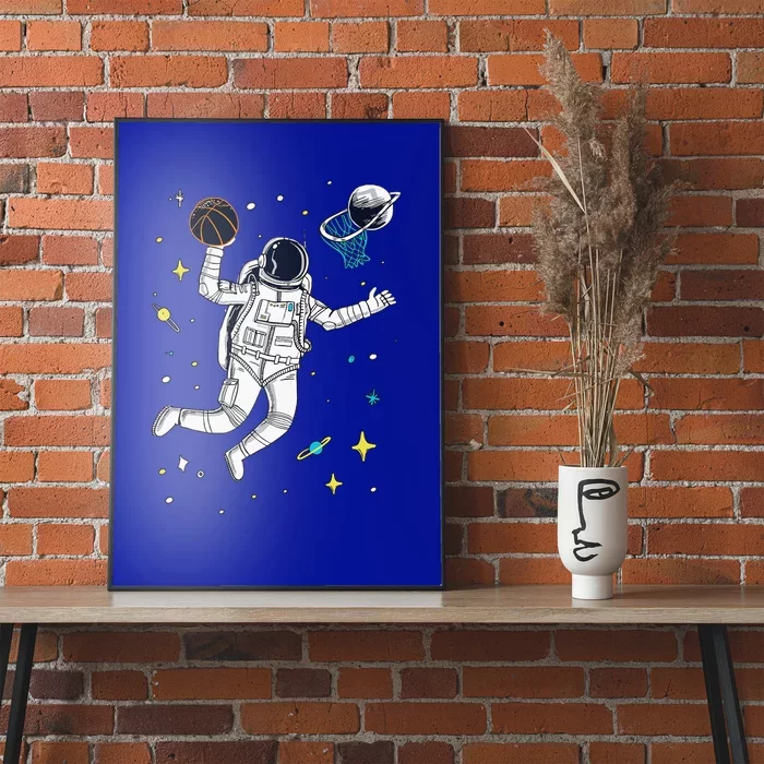 Astronaut Playing Space Basketball Cartoon Poster