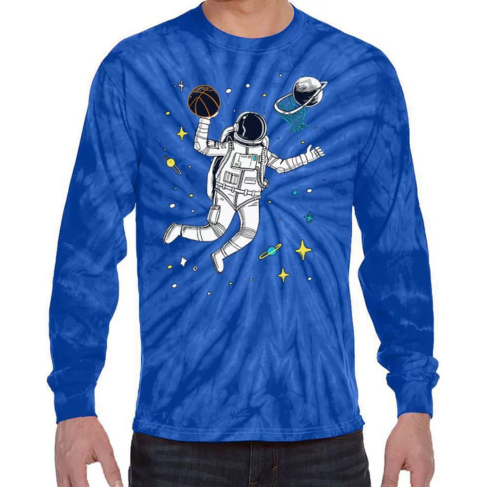 Astronaut Playing Space Basketball Cartoon Tie-Dye Long Sleeve Shirt