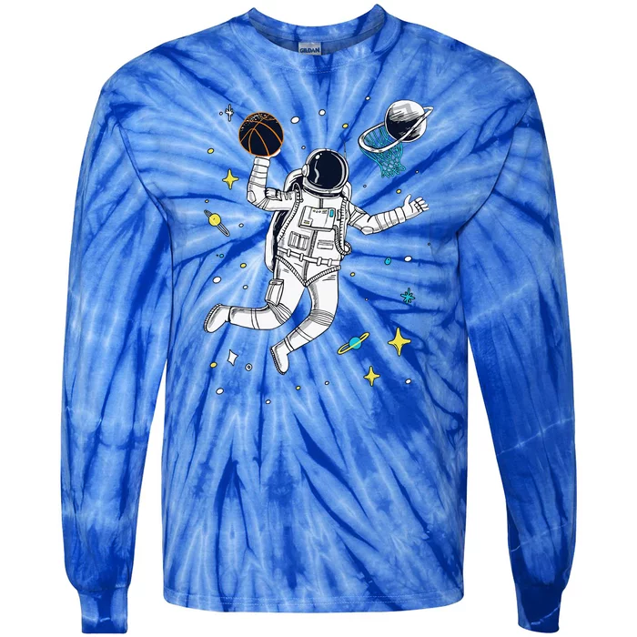 Astronaut Playing Space Basketball Cartoon Tie-Dye Long Sleeve Shirt