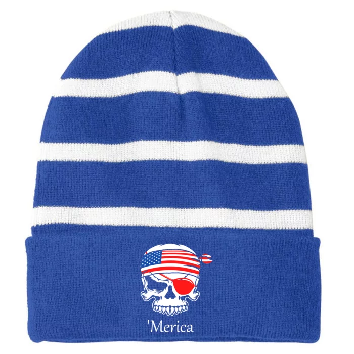 America Pirate Skull Flag July 4th Independence Day Merica Gift Striped Beanie with Solid Band