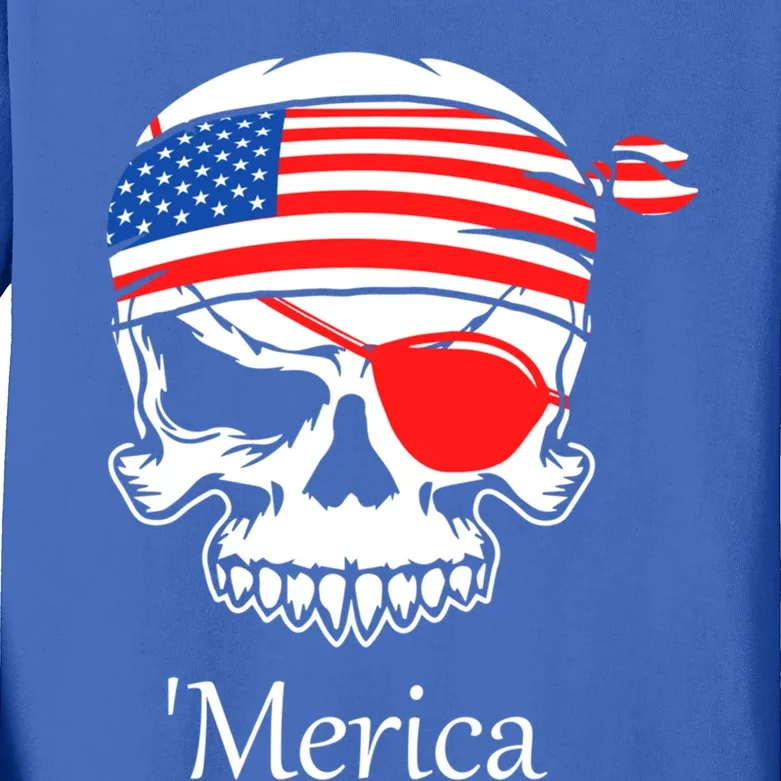 America Pirate Skull Flag July 4th Independence Day Merica Gift Kids Long Sleeve Shirt