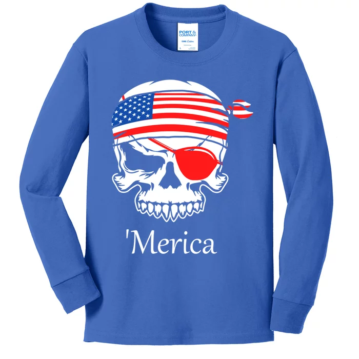 America Pirate Skull Flag July 4th Independence Day Merica Gift Kids Long Sleeve Shirt