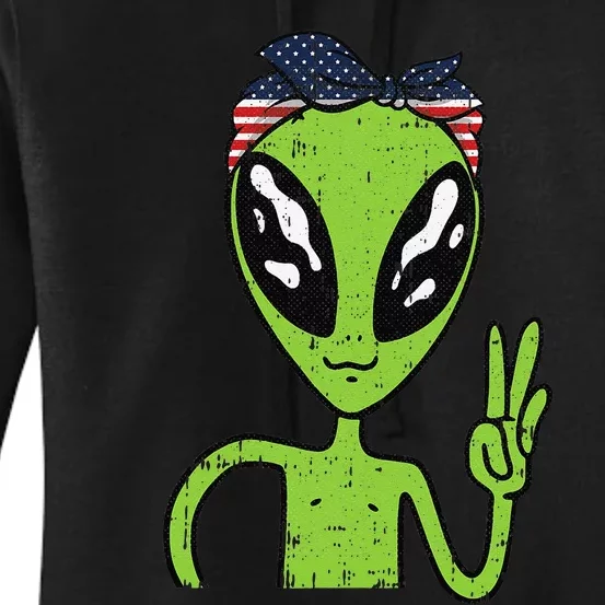 Alien Peace Sign 4th Of July American Flag Bandana Patriotic Women's Pullover Hoodie