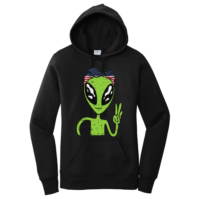 Alien Peace Sign 4th Of July American Flag Bandana Patriotic Women's Pullover Hoodie