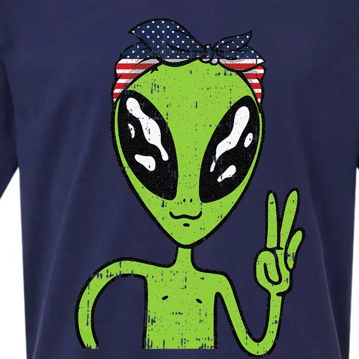 Alien Peace Sign 4th Of July American Flag Bandana Patriotic Sueded Cloud Jersey T-Shirt