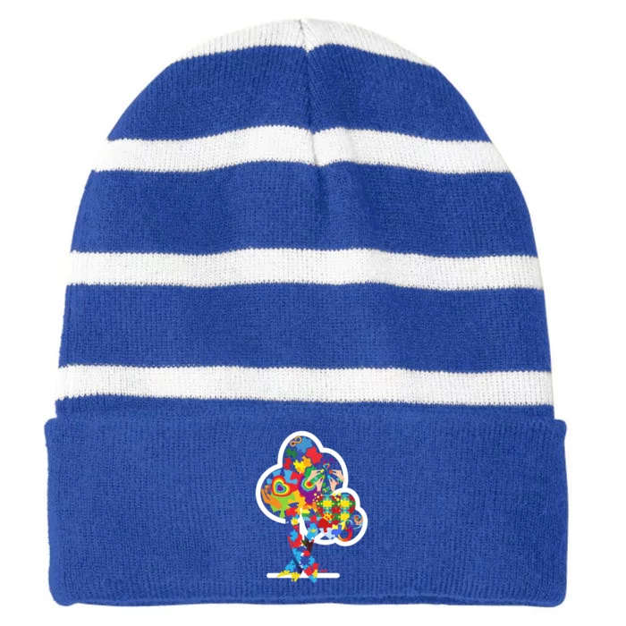 Autism Puzzle Tree Of Life Autism Awareness Month Gift Striped Beanie with Solid Band