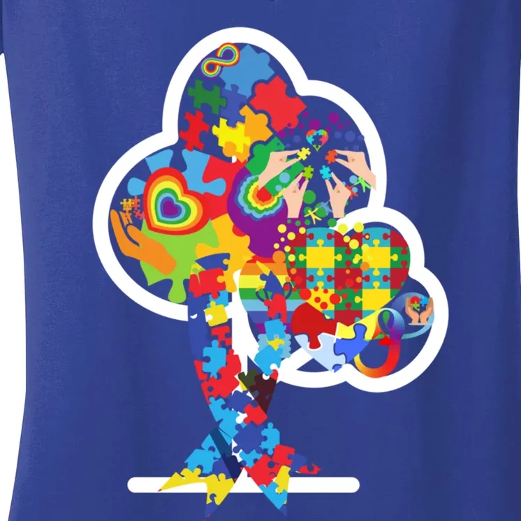 Autism Puzzle Tree Of Life Autism Awareness Month Gift Women's V-Neck T-Shirt