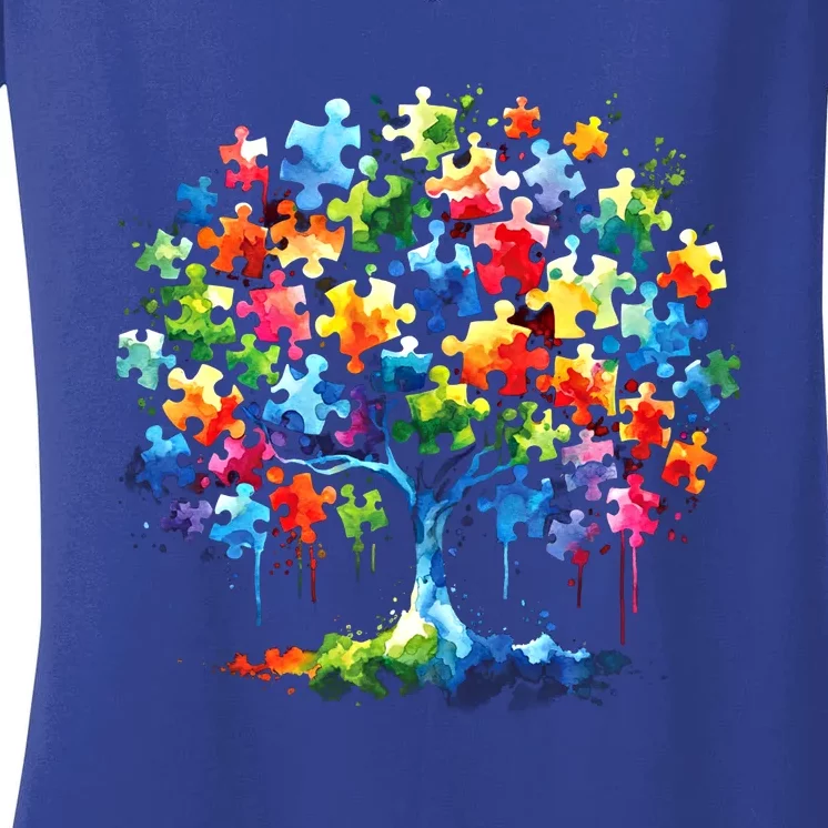 Autism Puzzles Tree Autism Awareness Autistic Support Cute Gift Women's V-Neck T-Shirt