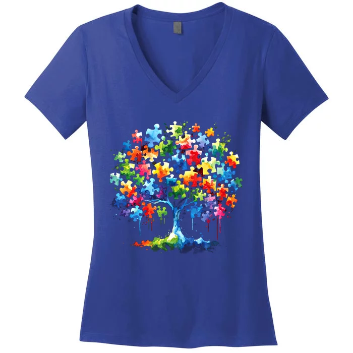 Autism Puzzles Tree Autism Awareness Autistic Support Cute Gift Women's V-Neck T-Shirt