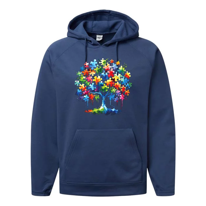 Autism Puzzles Tree Autism Awareness Autistic Support Cute Gift Performance Fleece Hoodie