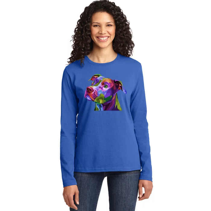 American Pitbull Terrier Pop Art Portrait For Dog Owners Gift Ladies Long Sleeve Shirt