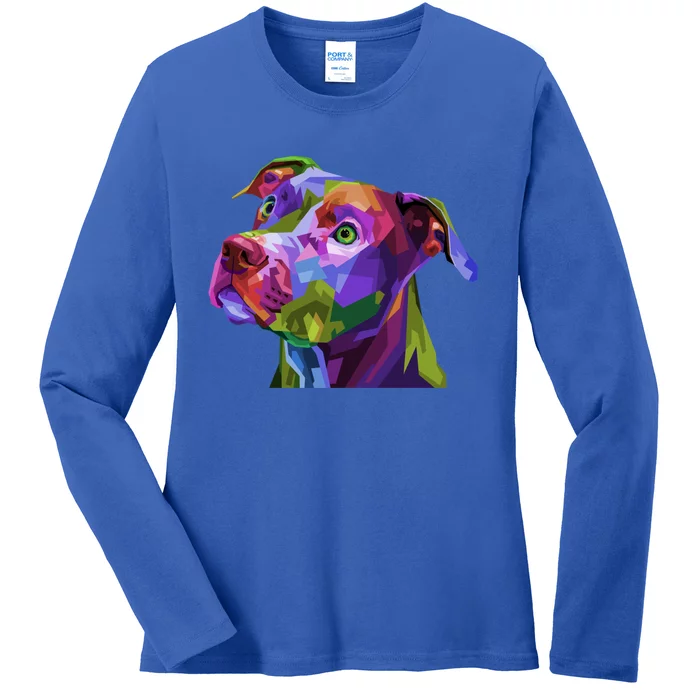 American Pitbull Terrier Pop Art Portrait For Dog Owners Gift Ladies Long Sleeve Shirt