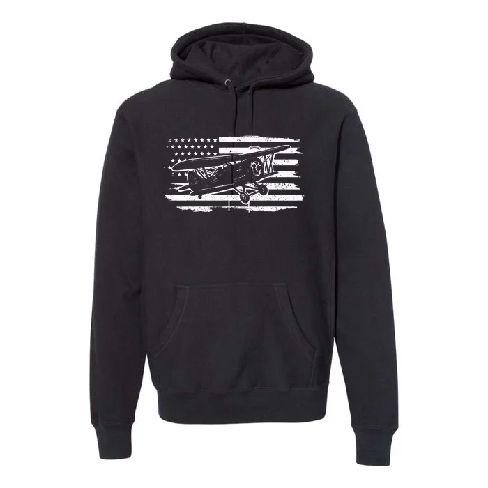 Airplane Pilot Vintage Patriotic Flag Biplane Plane Aviation Premium Hoodie