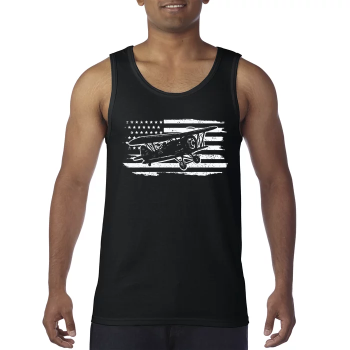 Airplane Pilot Vintage Patriotic Flag Biplane Plane Aviation Tank Top