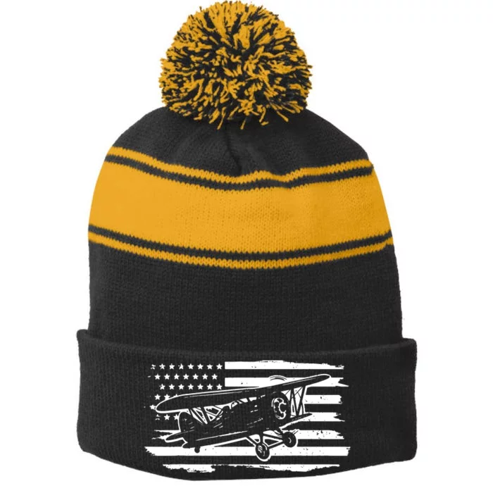 Airplane Pilot Vintage Patriotic Flag Biplane Plane Aviation Stripe Pom Pom Beanie