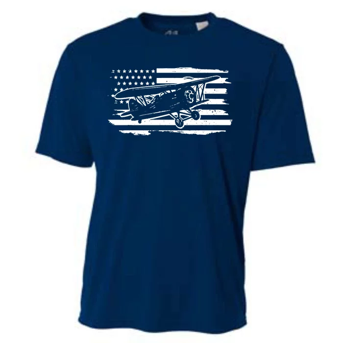 Airplane Pilot Vintage Patriotic Flag Biplane Plane Aviation Cooling Performance Crew T-Shirt