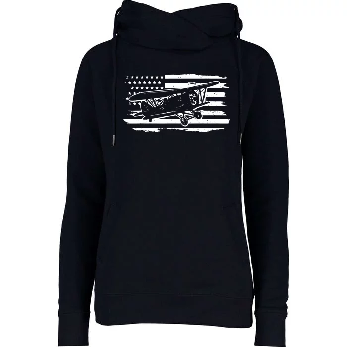 Airplane Pilot Vintage Patriotic Flag Biplane Plane Aviation Womens Funnel Neck Pullover Hood