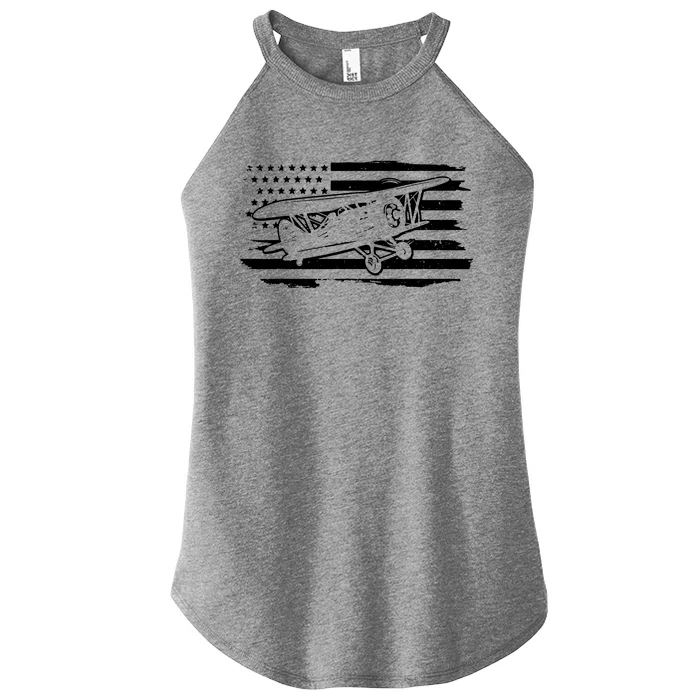 Airplane Pilot Vintage Patriotic Flag Biplane Plane Aviation Women’s Perfect Tri Rocker Tank