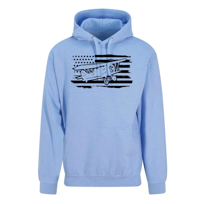 Airplane Pilot Vintage Patriotic Flag Biplane Plane Aviation Unisex Surf Hoodie