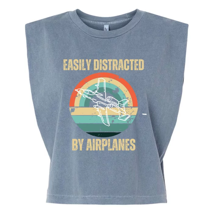 Airplane Pilot Vintage Retro Easily Distracted By Airplanes Cool Gift Garment-Dyed Women's Muscle Tee