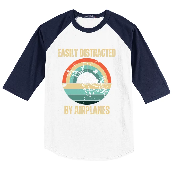 Airplane Pilot Vintage Retro Easily Distracted By Airplanes Cute Gift Baseball Sleeve Shirt