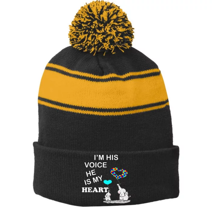 Autism Quote I'm His Voice Support & Awareness Autistic Stripe Pom Pom Beanie