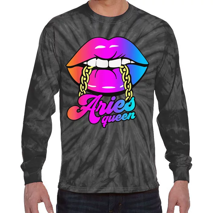 Aries Queen Lips Zodiac Horoscope Wo Birthday Tie-Dye Long Sleeve Shirt