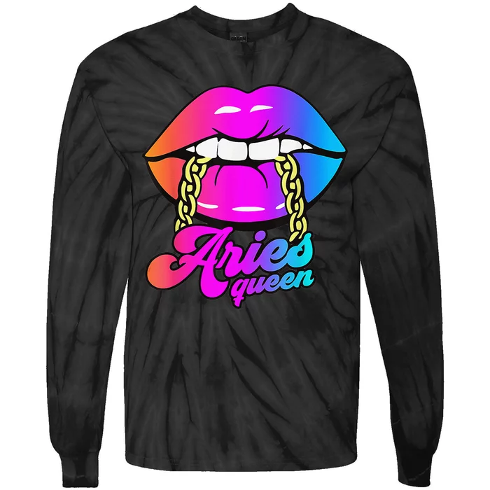 Aries Queen Lips Zodiac Horoscope Wo Birthday Tie-Dye Long Sleeve Shirt