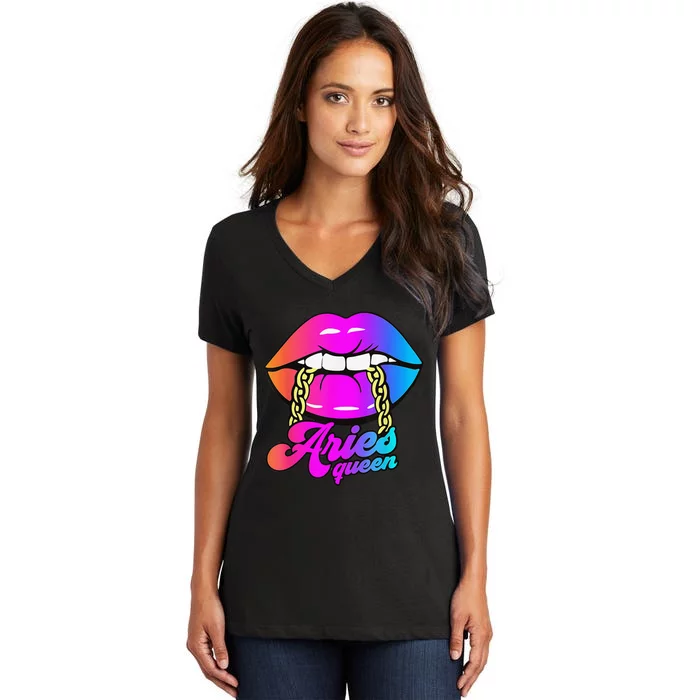 Aries Queen Lips Zodiac Horoscope Wo Birthday Women's V-Neck T-Shirt