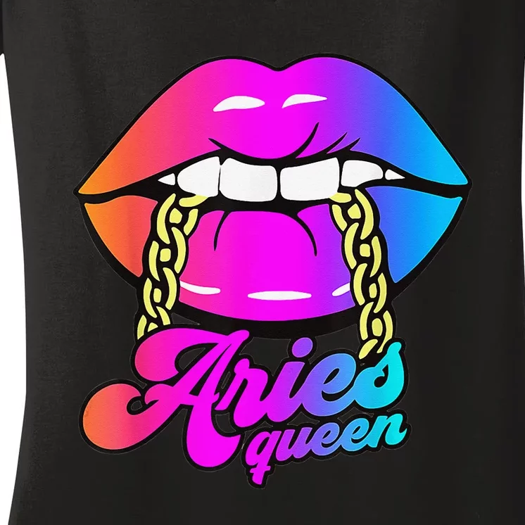 Aries Queen Lips Zodiac Horoscope Wo Birthday Women's V-Neck T-Shirt