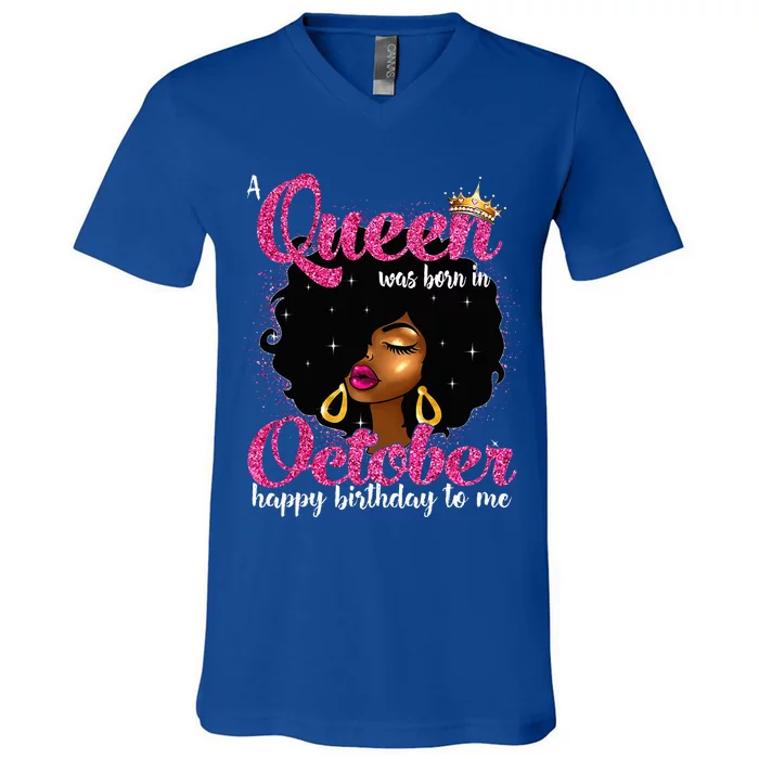 A Queen Was Born In October Birthday Afro Women V-Neck T-Shirt