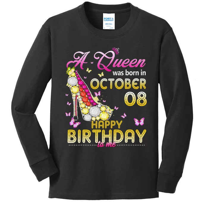 A Queen Was Born In October 8th Happy Birthday To Me 8 Cute Kids Long Sleeve Shirt