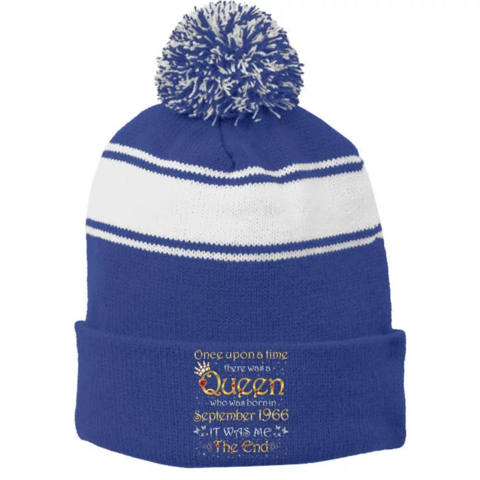 A Queen Was Born In September 1966 Funny Gift Stripe Pom Pom Beanie