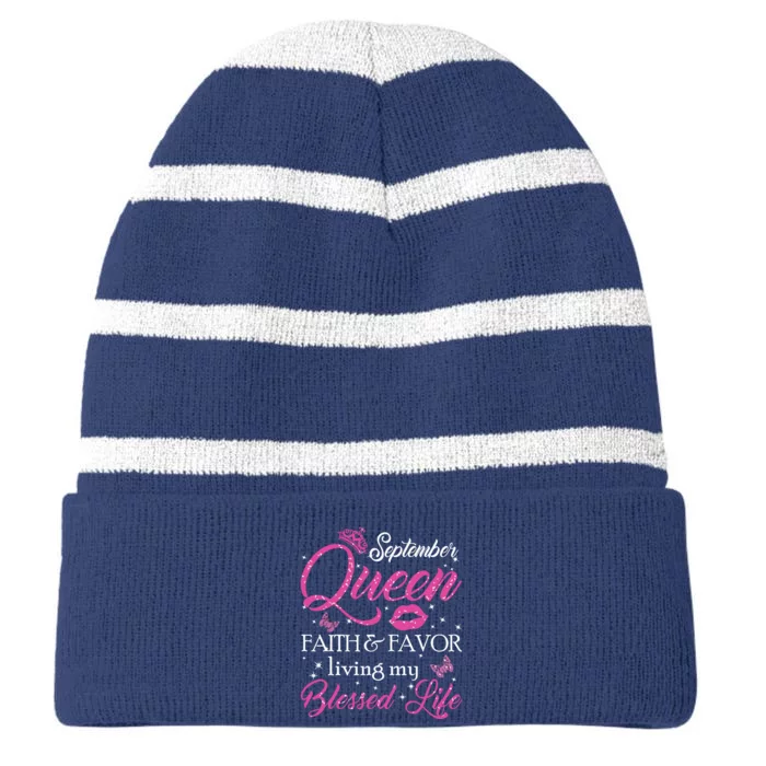 A Queen Was Born In September Shirts September Queen Girl Striped Beanie with Solid Band