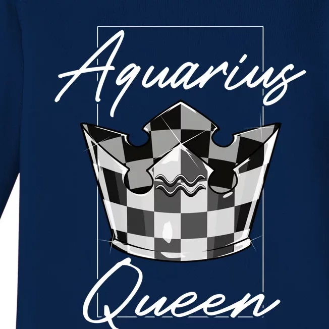 Aquarius Queen Zodiac Sign With Checkerboard Pattern Crown Gift Baby Long Sleeve Bodysuit