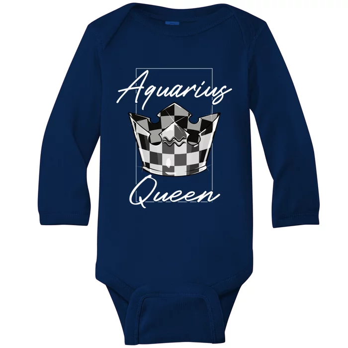 Aquarius Queen Zodiac Sign With Checkerboard Pattern Crown Gift Baby Long Sleeve Bodysuit