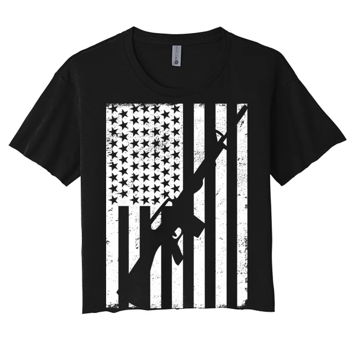 AR-15 Gun Vintage American Flag Women's Crop Top Tee