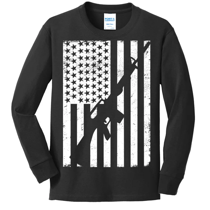 AR-15 Gun Vintage American Flag Kids Long Sleeve Shirt