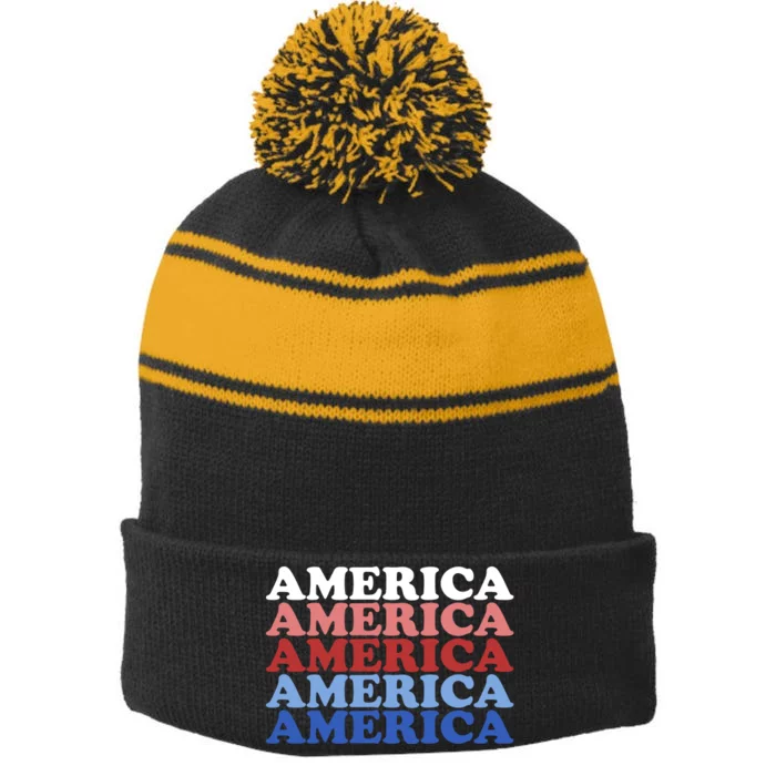 America Retro 4th Of July Stripe Pom Pom Beanie